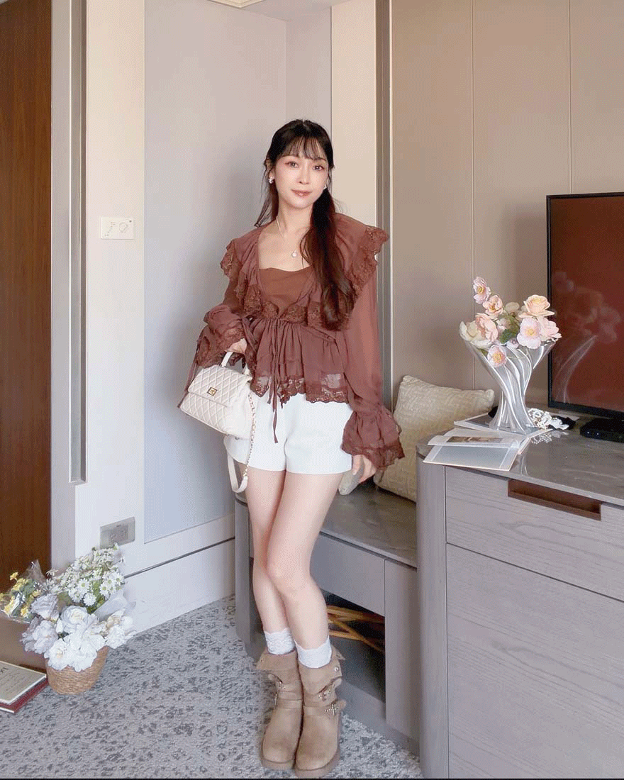 LINA LINA心動微韻刺繡網紗上衣背心兩件組-巧克力咖