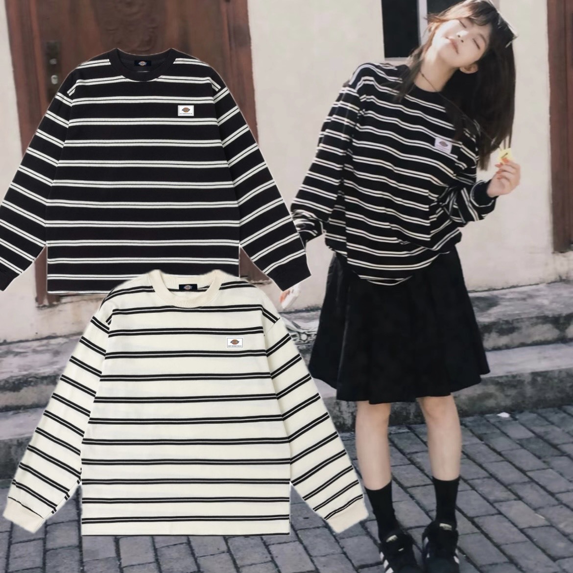 『預購商品』Dickies 日系復古學院風條紋撞色Logo寬鬆長袖T恤 DKU261MKT280
