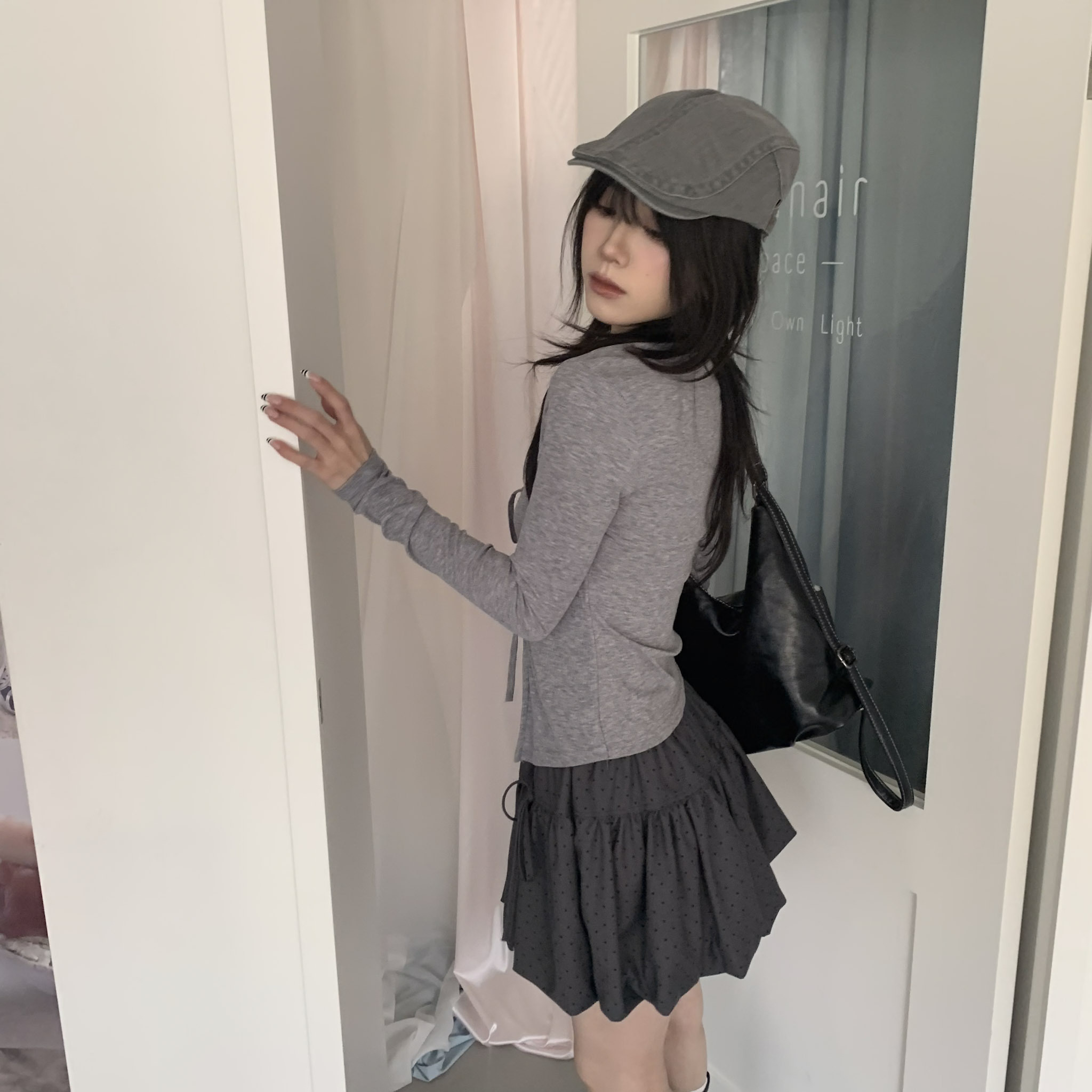 ISA_九月份可愛 波點造型綁帶花苞短裙_61042