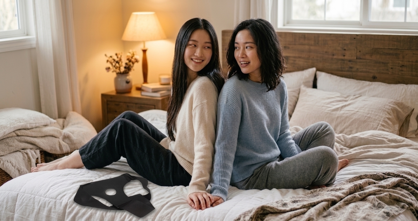 兩個女生背對背坐在床上,手交疊再一起,愉快的討論女同穿戴褲的使用,床邊也放著一個女同穿戴褲