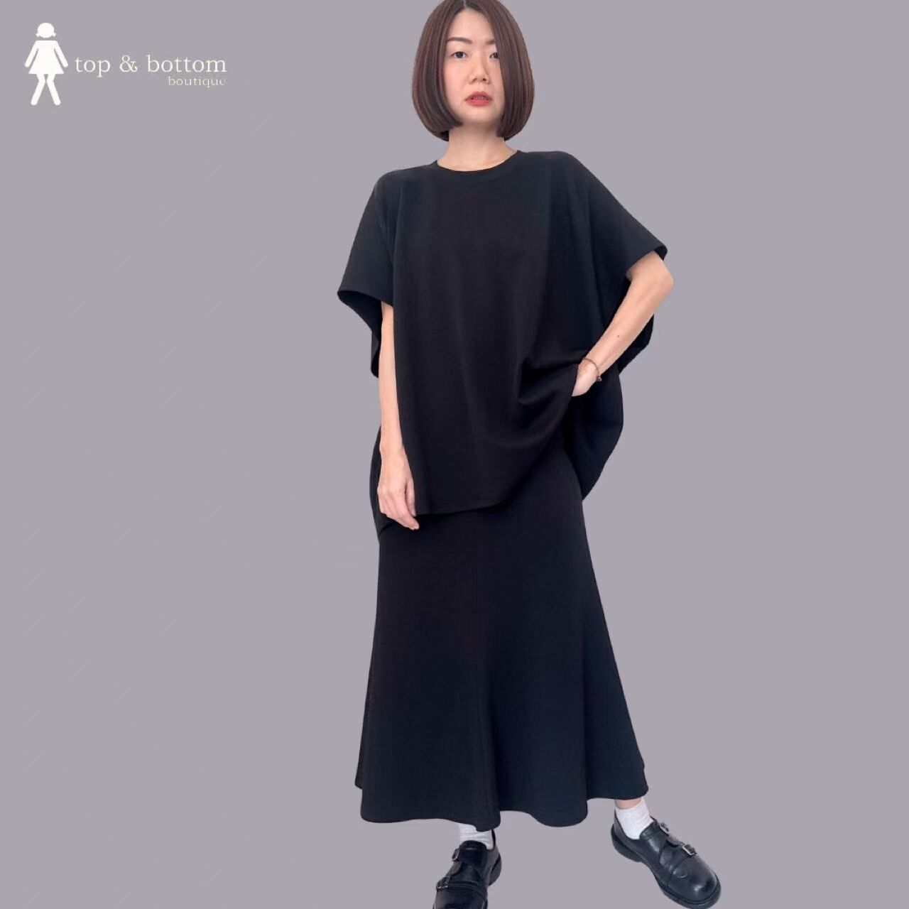 SPANDEX DROP SHOULDER LONG BLOUSE & MIDI SKIRT SET SUIT (2PCS)