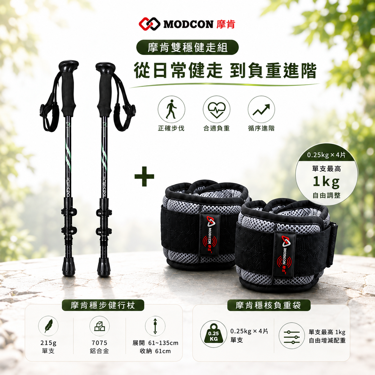 【摩肯】雙穩健走組|穩步健行杖 × 穩核負重帶|健走 /戶外登山|專為日常健走打造的穩步組