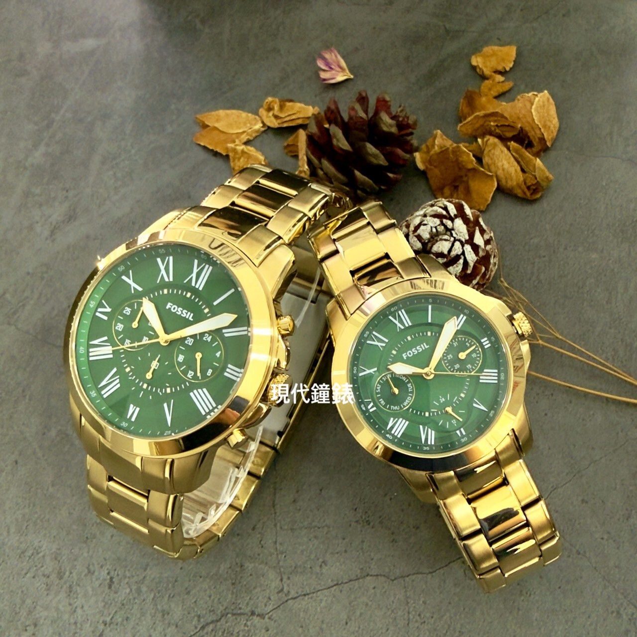 【FOSSIL】Grant 經典圓形金殼綠面羅馬字三眼對錶禮盒組FS6201SET 42/38mm 現代鐘錶