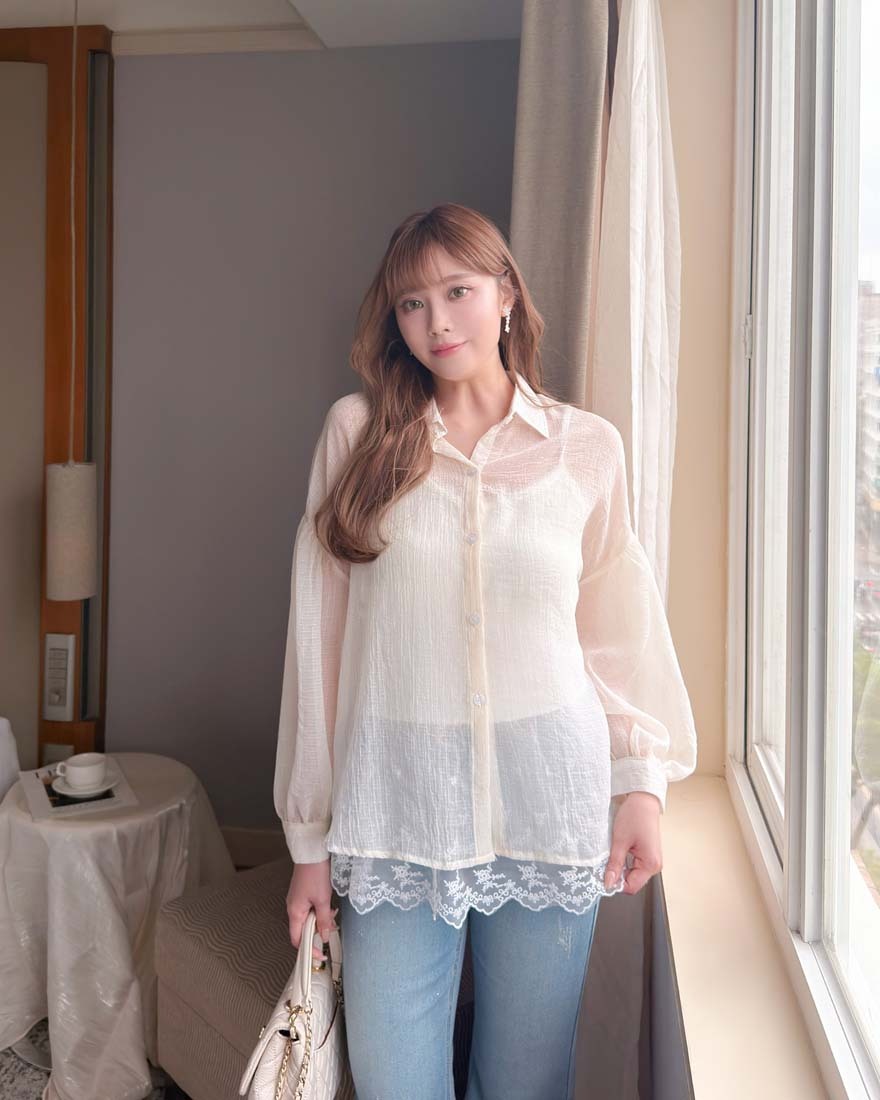 LINA LINA浮光時序亮絲襯衫網紗背心兩件組-柔美杏