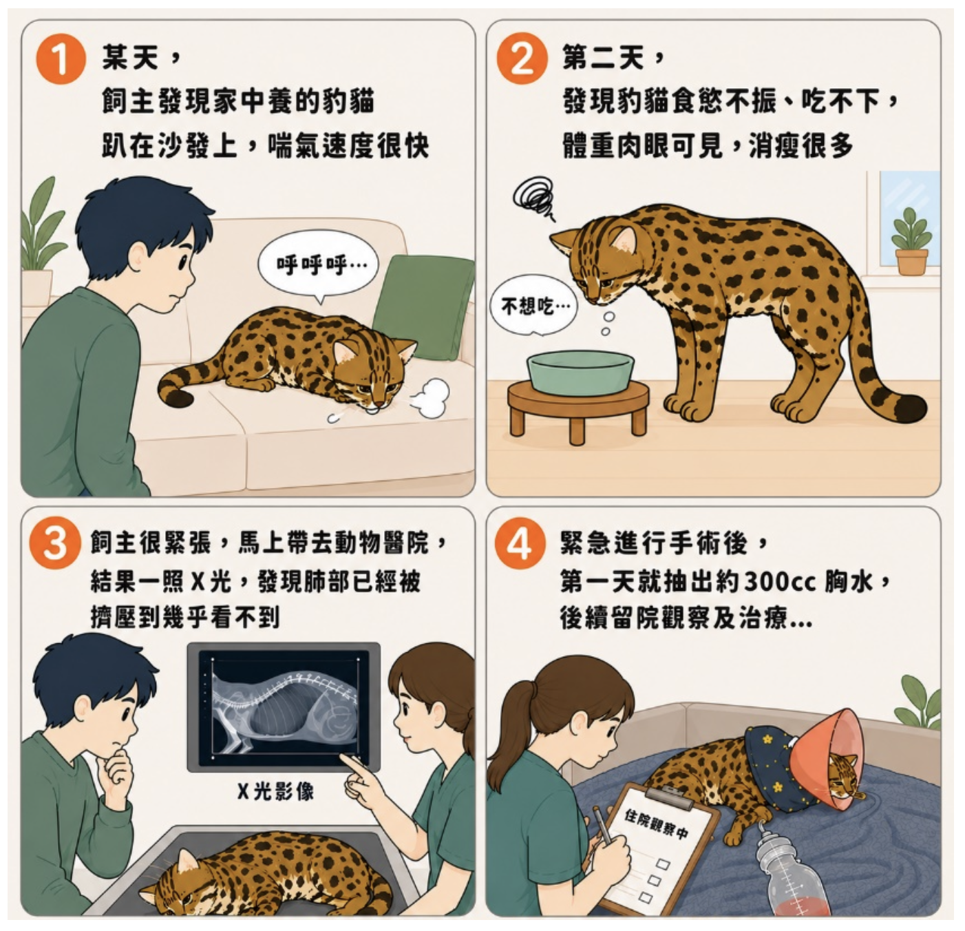 寵物保險理賠案例示意圖,貓咪誤食捲線造成腸道阻塞,經X光檢查、緊急手術及住院治療,呈現毛孩突發醫療事件的就醫流程。