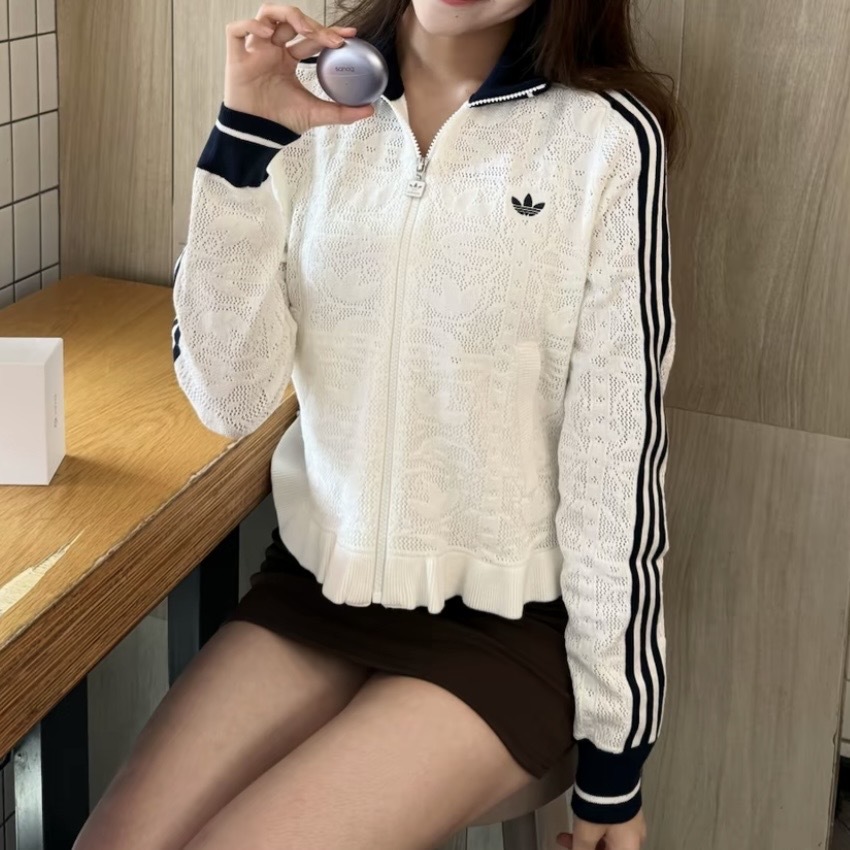 ADIDAS ORIGINALS 白底藍線條 針織 荷葉邊下擺 短版外套 修身 運動 KX6899