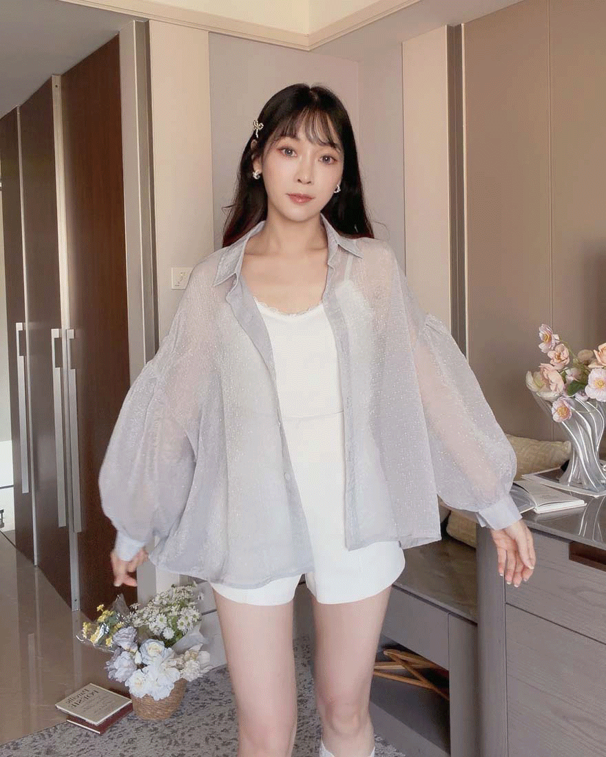 LINA LINA浮光時序亮絲襯衫網紗背心兩件組-時髦灰