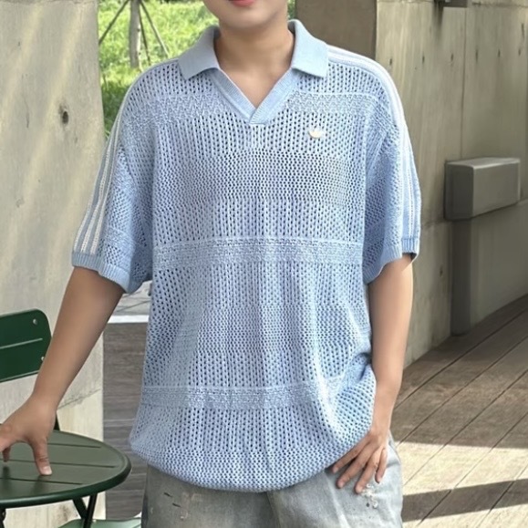 ADIDAS ORIGINALS 天空藍 針織 POLO衫 寬鬆 休閒 短袖上衣 KW8166