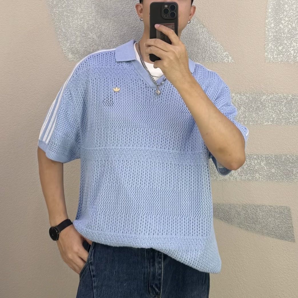 ADIDAS ORIGINALS 天空藍 針織 POLO衫 寬鬆 休閒 短袖上衣 KW8166