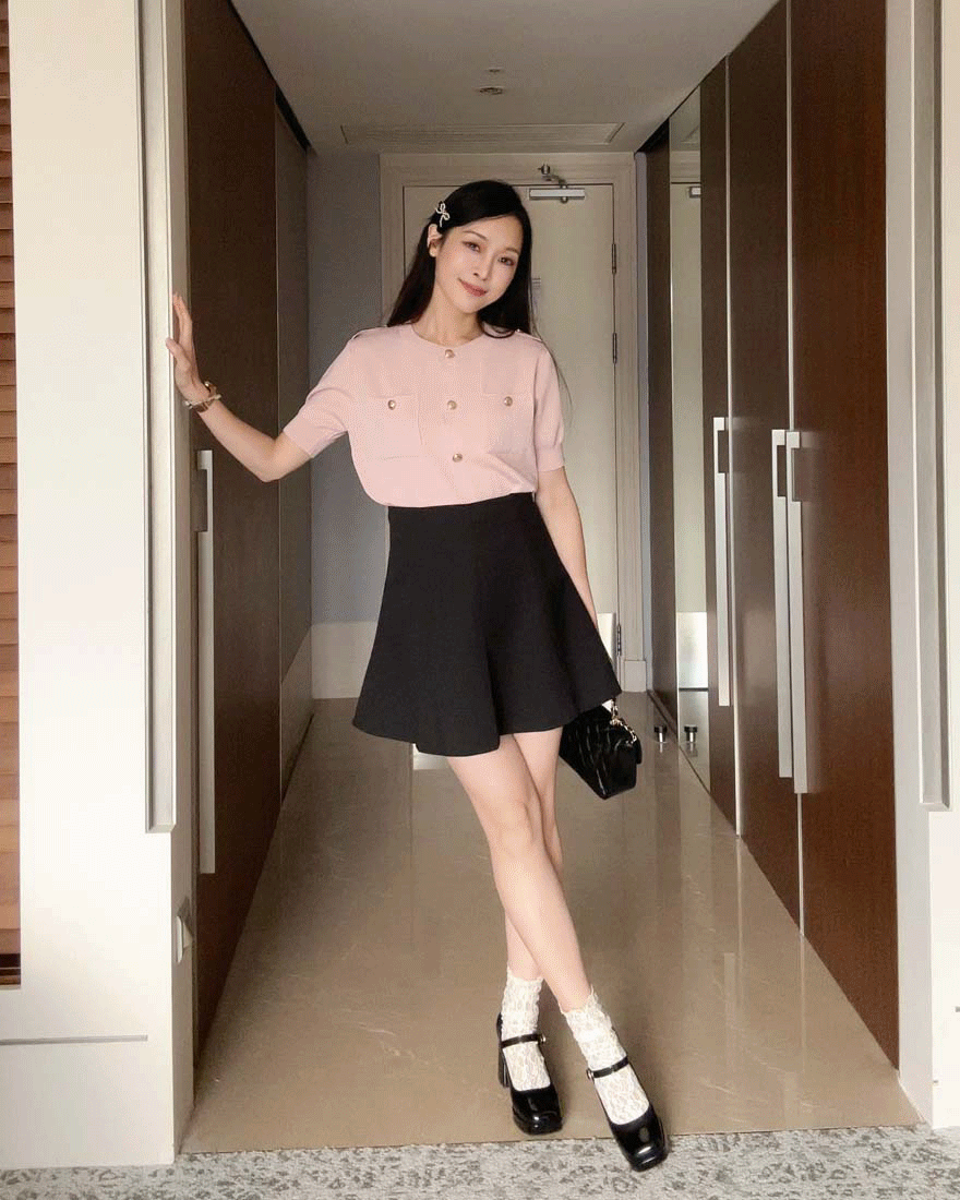 LINA LINA高貴品味螺紋滾邊金釦針織上衣-玫瑰粉