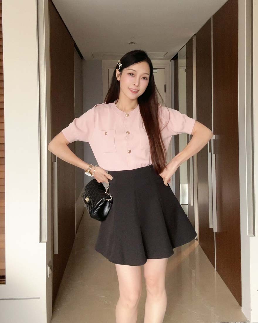 LINA LINA高貴品味螺紋滾邊金釦針織上衣-玫瑰粉