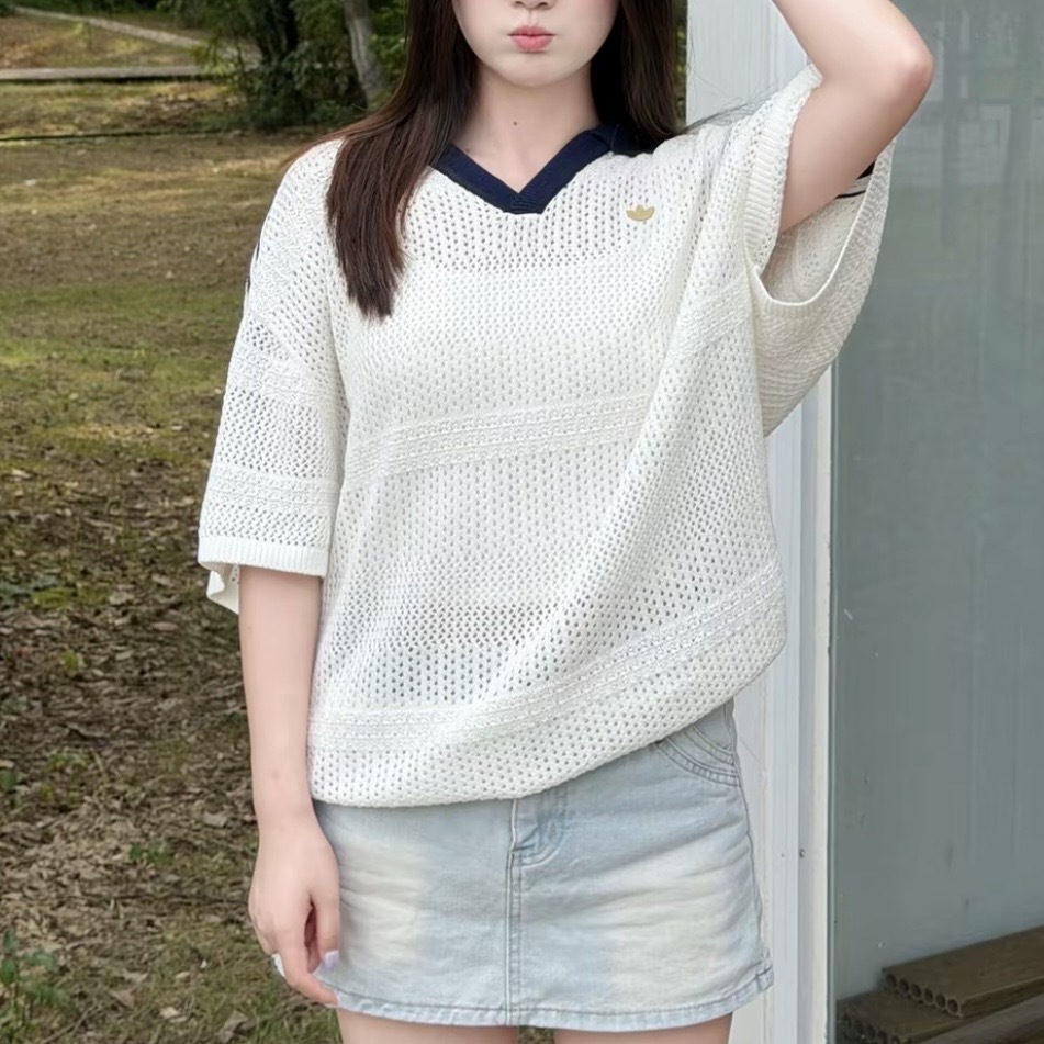 ADIDAS ORIGINALS 白藍 針織 POLO衫 寬鬆 休閒 短袖上衣 KW5684