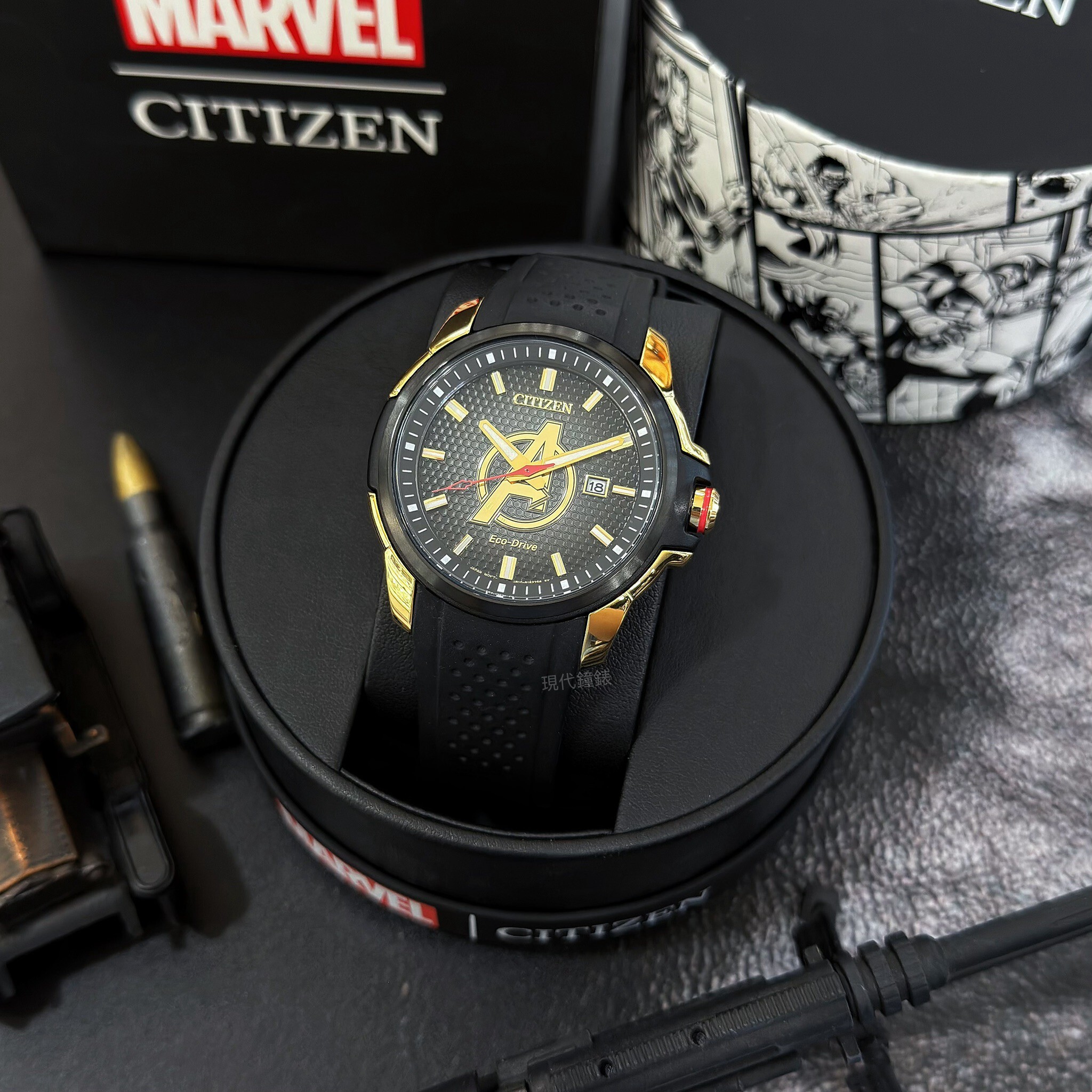 【CITIZEN 星辰】漫威聯名 復仇者聯盟黑金光動能男錶AW1155-03W 45mm 現代鐘錶