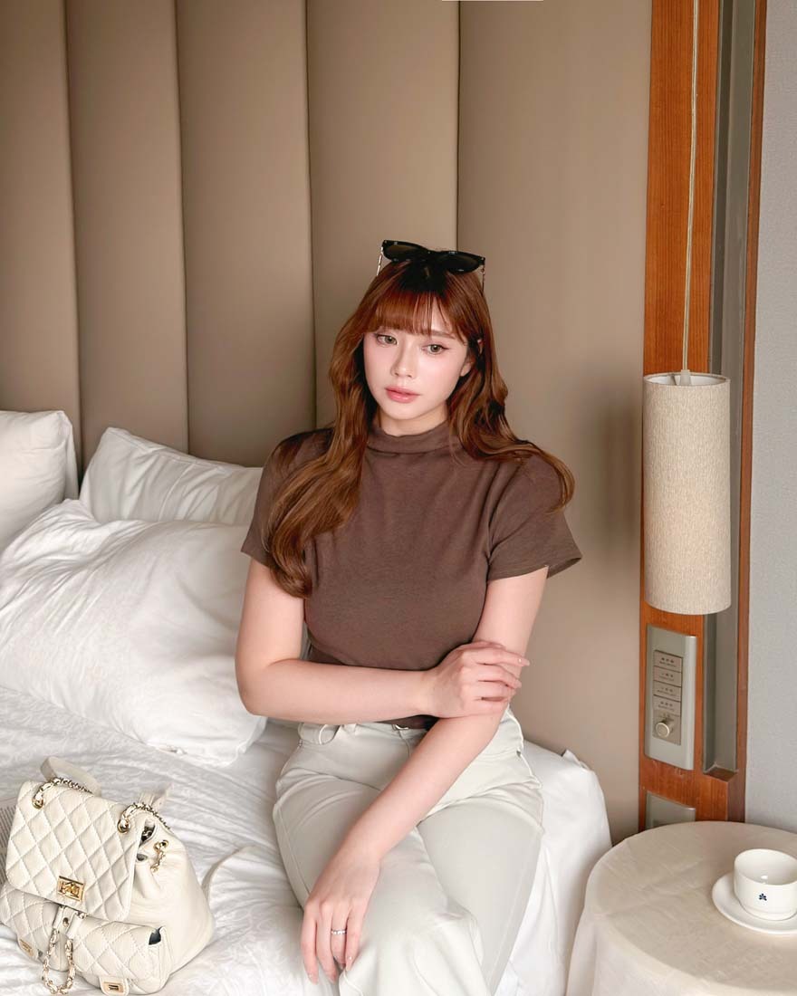 LINA LINA調味舒芙蕾純色微立領親膚上衣-拿鐵咖