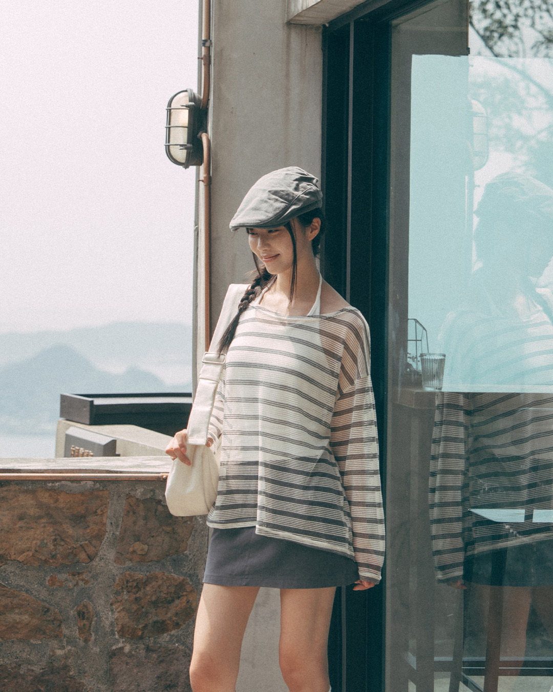 Striped, tie-up, sheer long-sleeved cover-up top, available in two colors.【01099949】in stock+pre-order