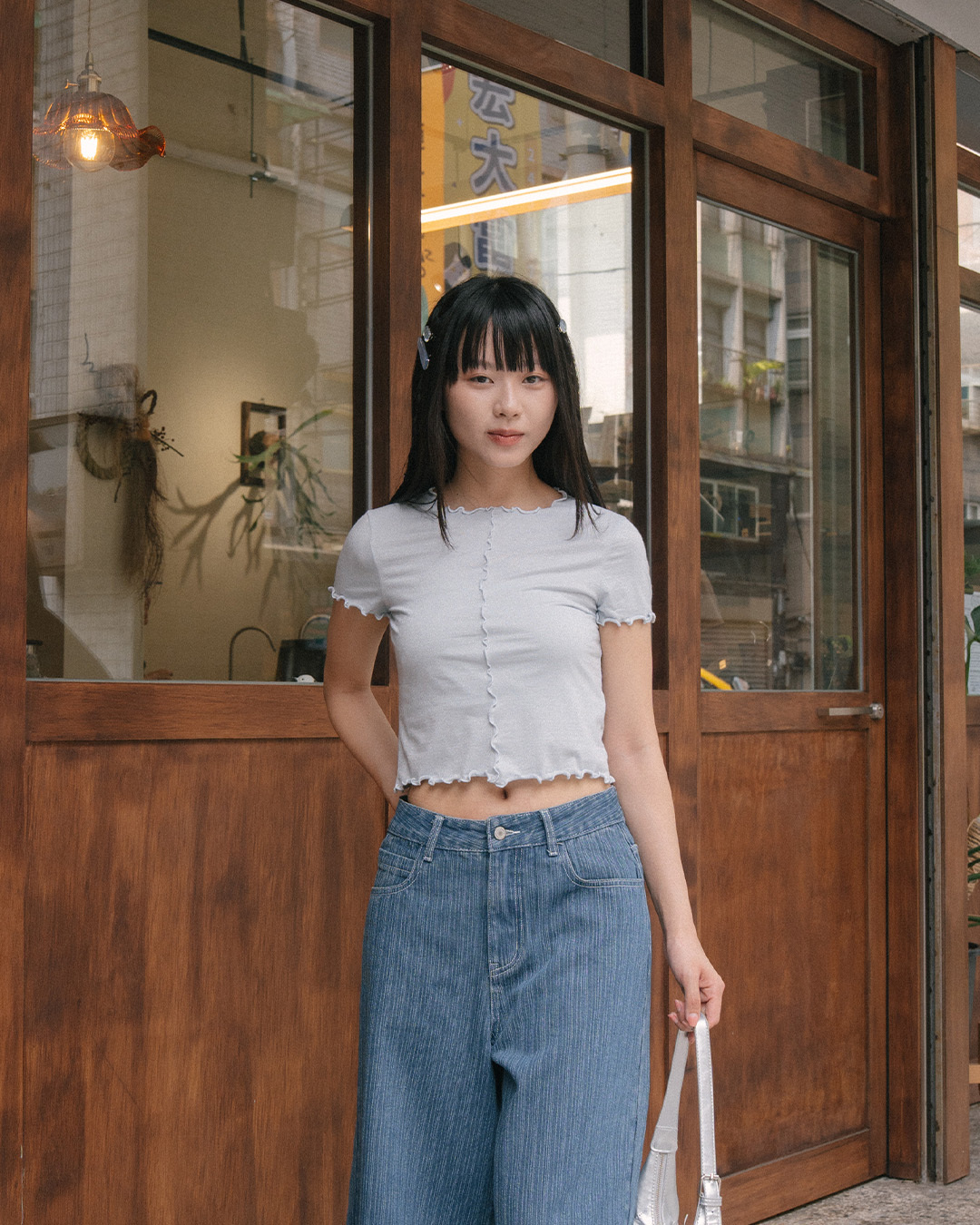 Silver-gloss ruffled short-sleeved top - Blue S/M【01099822】in stock+pre-order