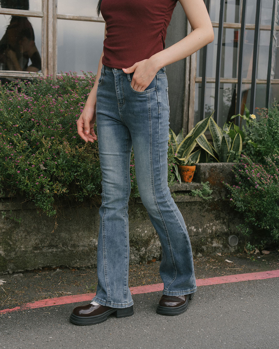 Retro washed and patchwork design flared jeans, S/M/L【04011895】in stock+pre-order