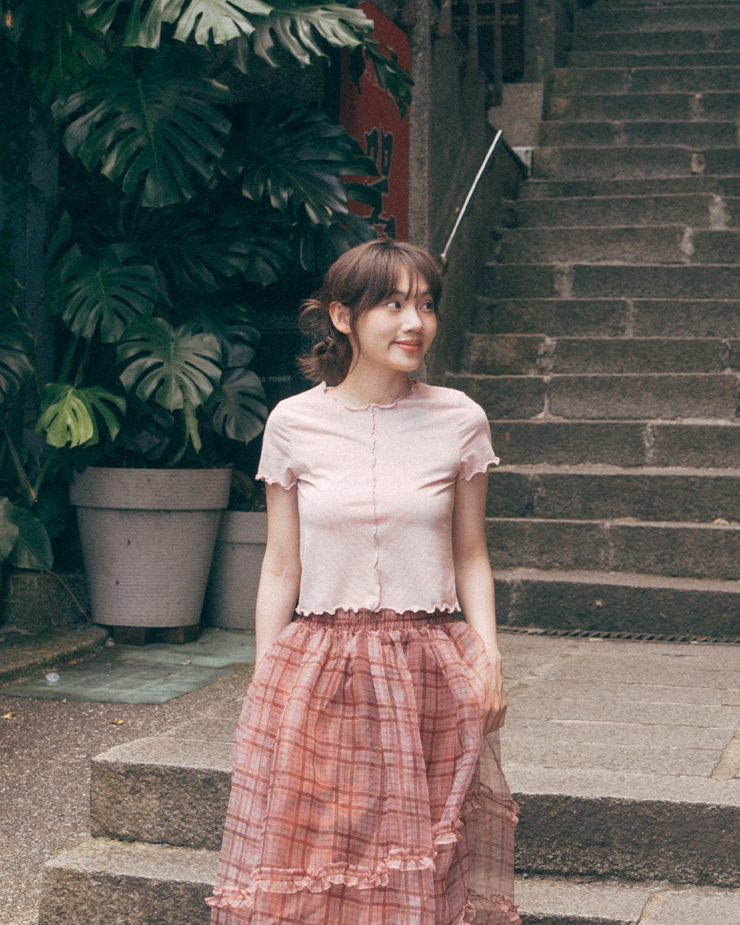 Silver-gloss ruffled short-sleeved top - pink S/M【01099824】in stock+pre-order