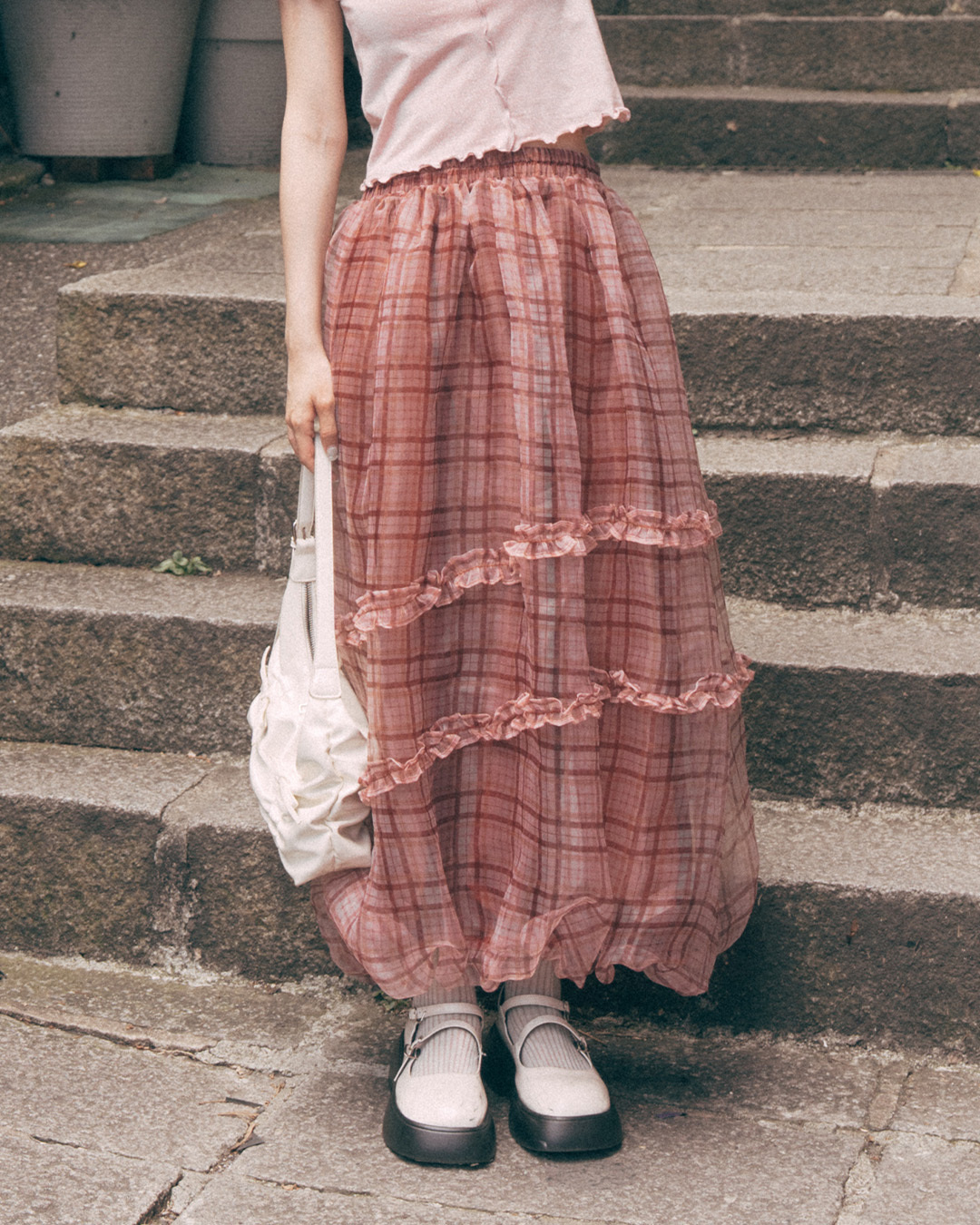 Plaid ruffled cake mesh spliced ??flower bud long skirt, available in two colors.【03021778】in stock+pre-order