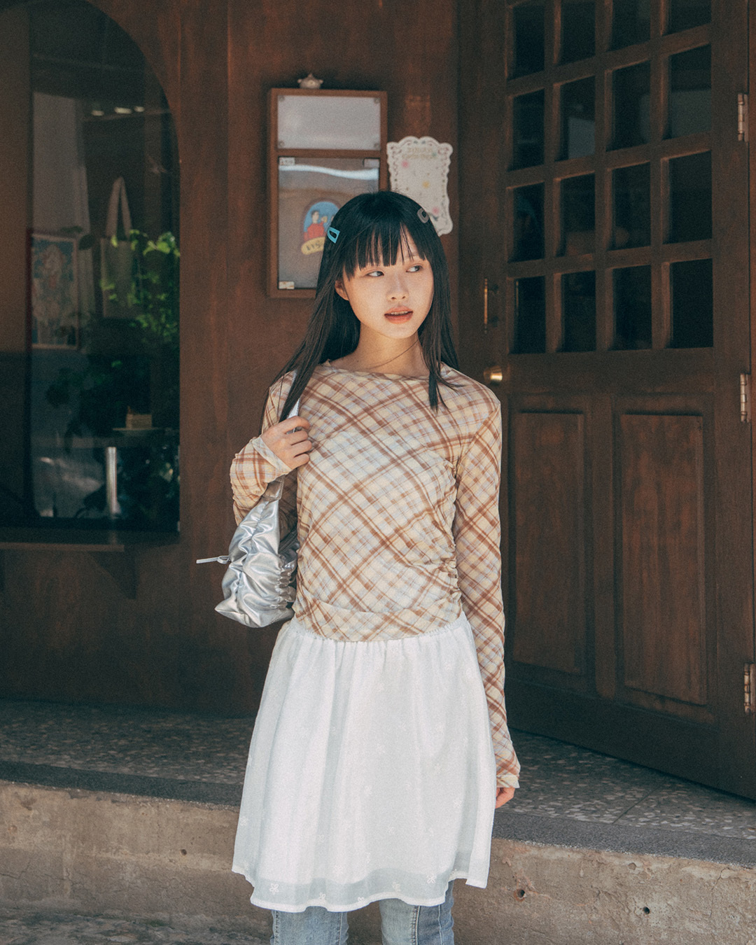 Color-blocked plaid side-ruched sheer long-sleeved top, available in three colors, S/M.【01099961】in stock+pre-order