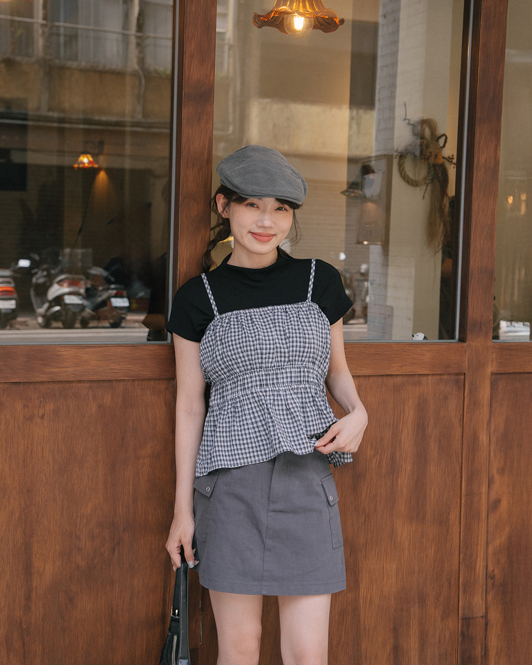 Color-blocked plaid ruched design thin-shoulder cover-up vest, available in three colors【01099776】in stock+pre-order