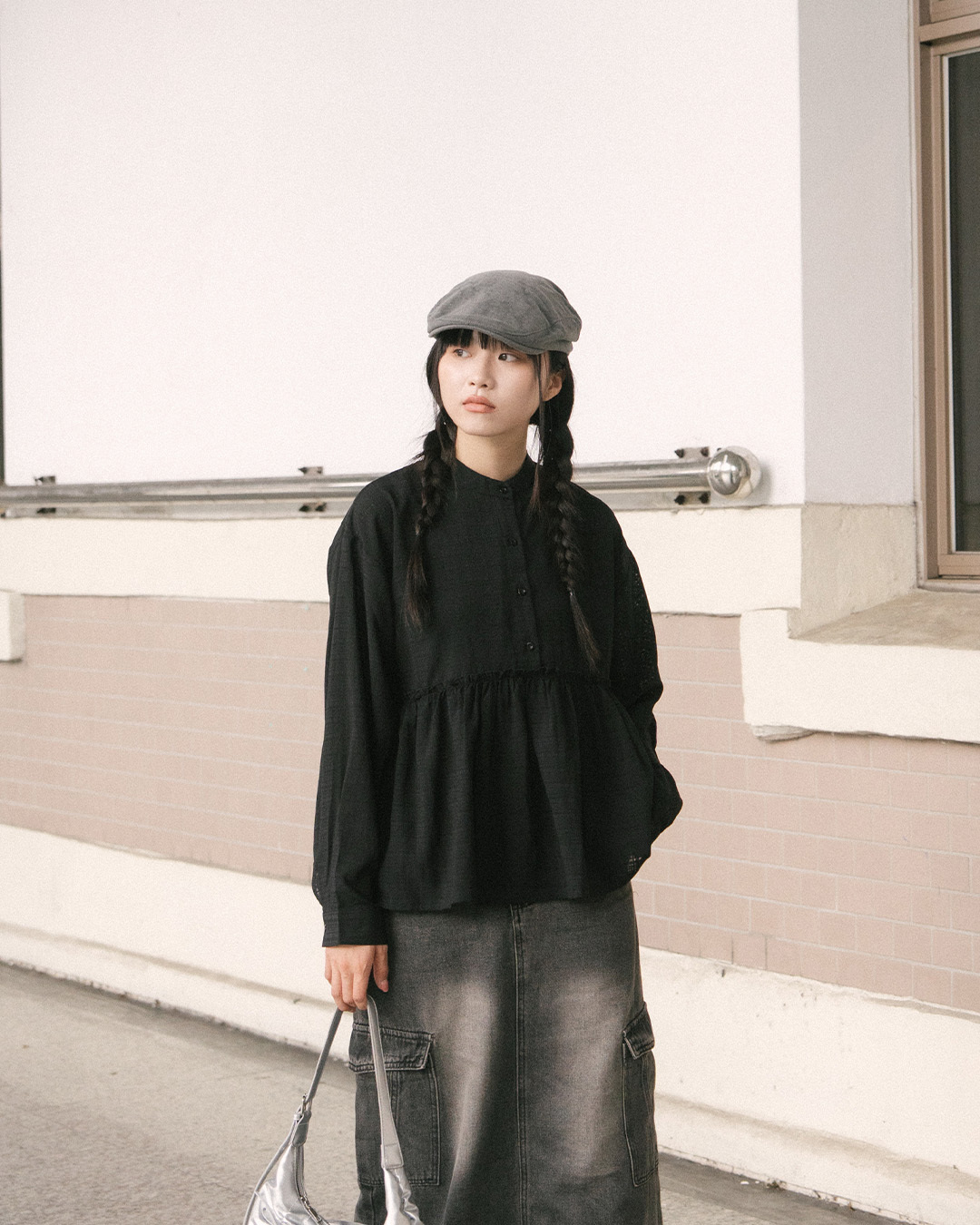 Simple sheer plaid long-sleeved shirt with a mandarin collar - black【01025859】in stock+pre-order