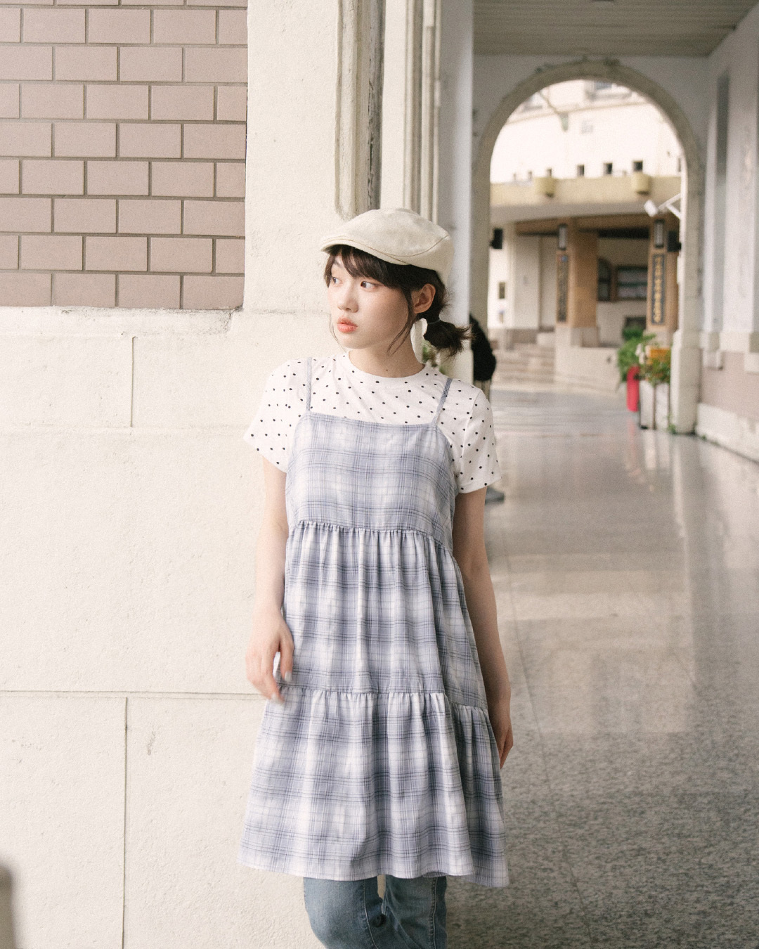 Blue Plaid Tiered Mini Dress with Spaghetti Straps and Back Tie Detail【01087340】in stock+pre-order