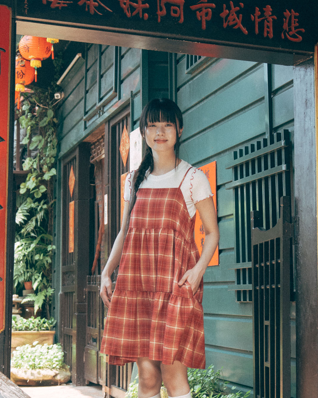 Red Plaid Tiered Mini Dress with Spaghetti Straps and Back Tie Detail【01087343】in stock+pre-order