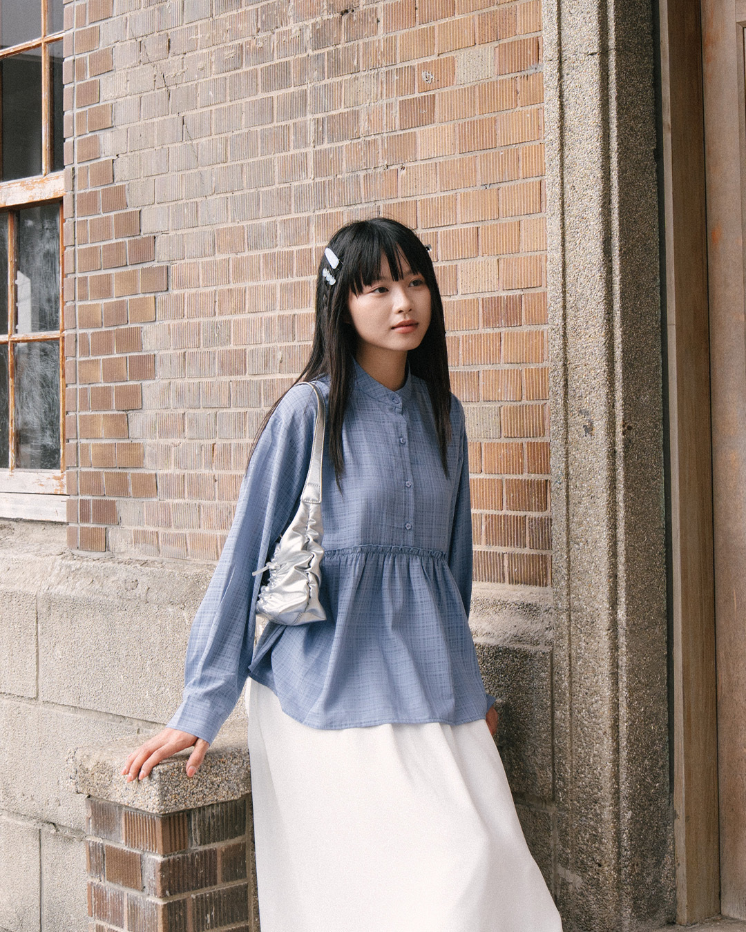Simple sheer plaid long-sleeved shirt with a mandarin collar - blue【01025858】in stock+pre-order