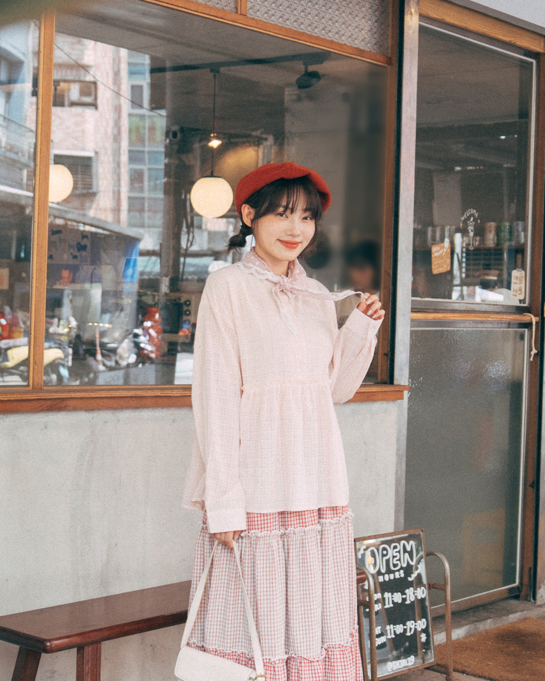 Simple sheer plaid long-sleeved shirt with a mandarin collar - Apricot【01025857】in stock+pre-order