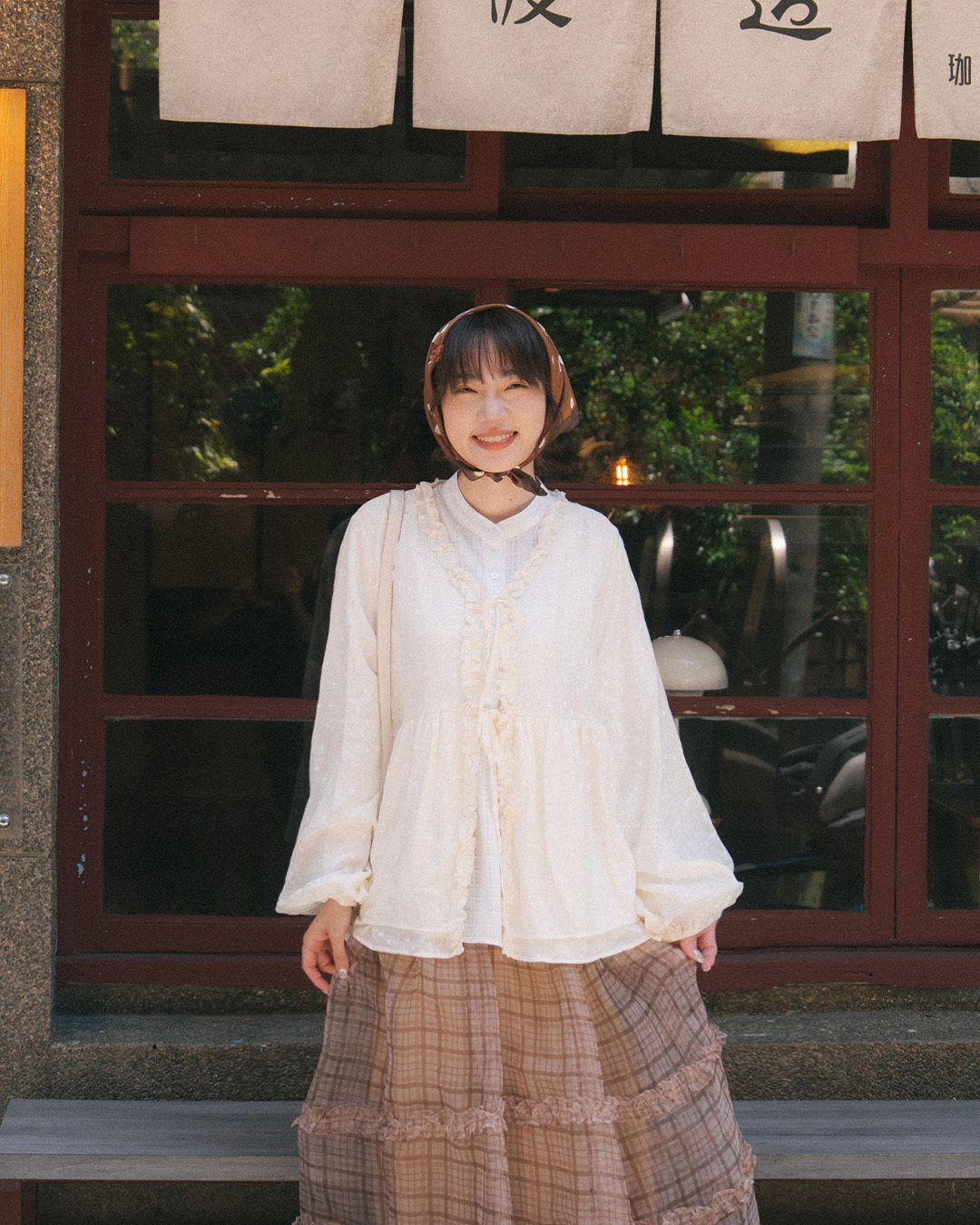 Simple sheer plaid long-sleeved shirt with a mandarin collar - white【01025856】in stock+pre-order