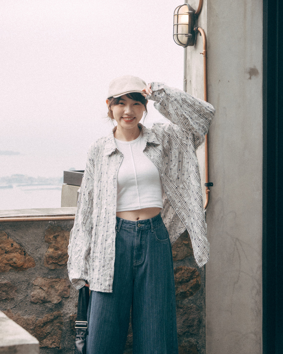 Three-dimensional lace-trimmed plaid polka dot long-sleeved shirt - blue【01025854】in stock+pre-order