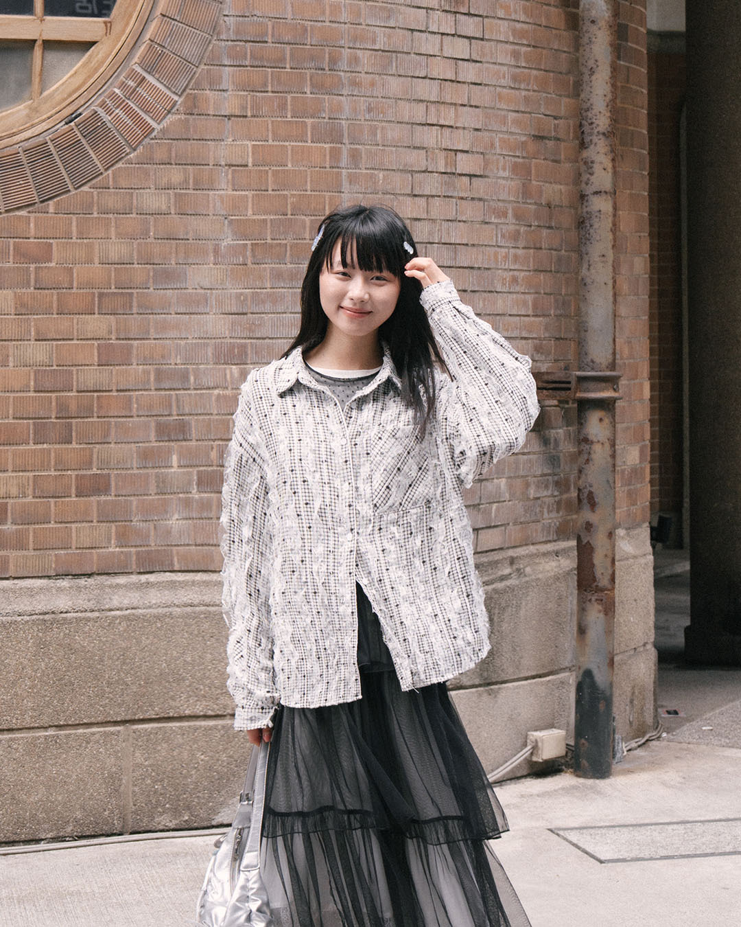 3D lace-trimmed plaid polka dot long-sleeved shirt - black【01025855】in stock+pre-order