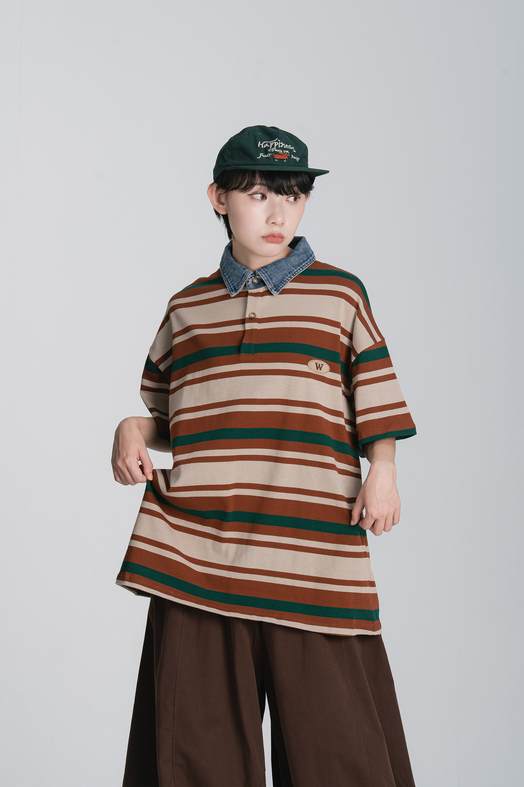 Aug｜牛仔拼領條紋短POLO