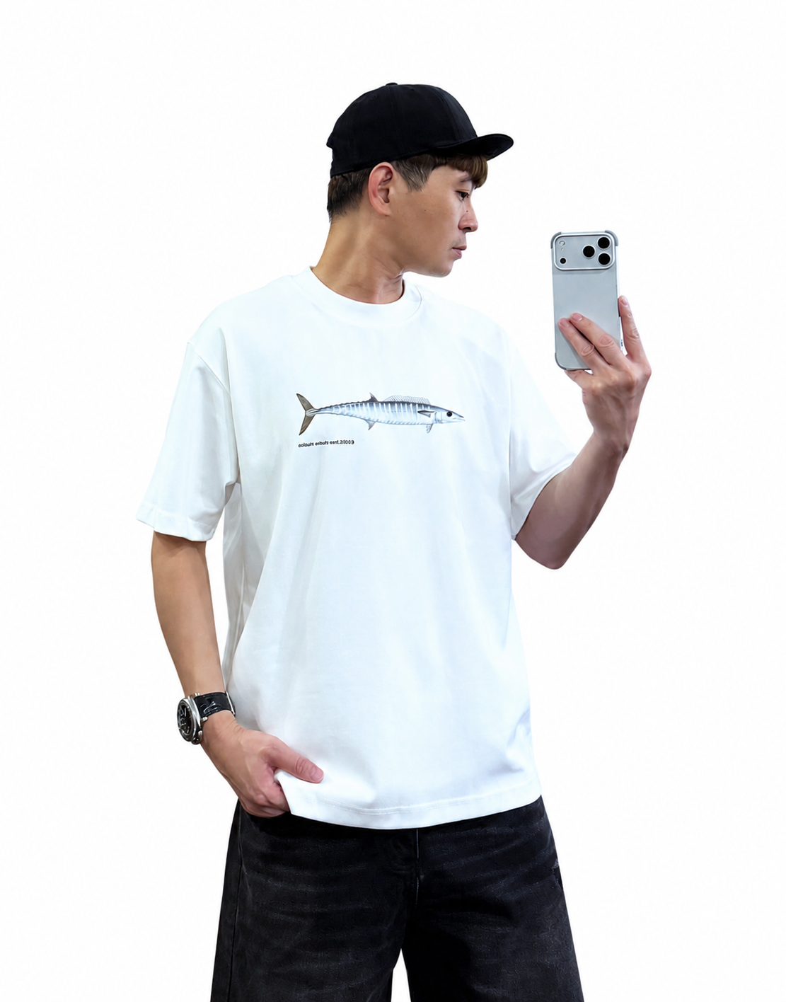 『新品上市』重磅寫實彩繪魚棉短T(NOF260562879)-白