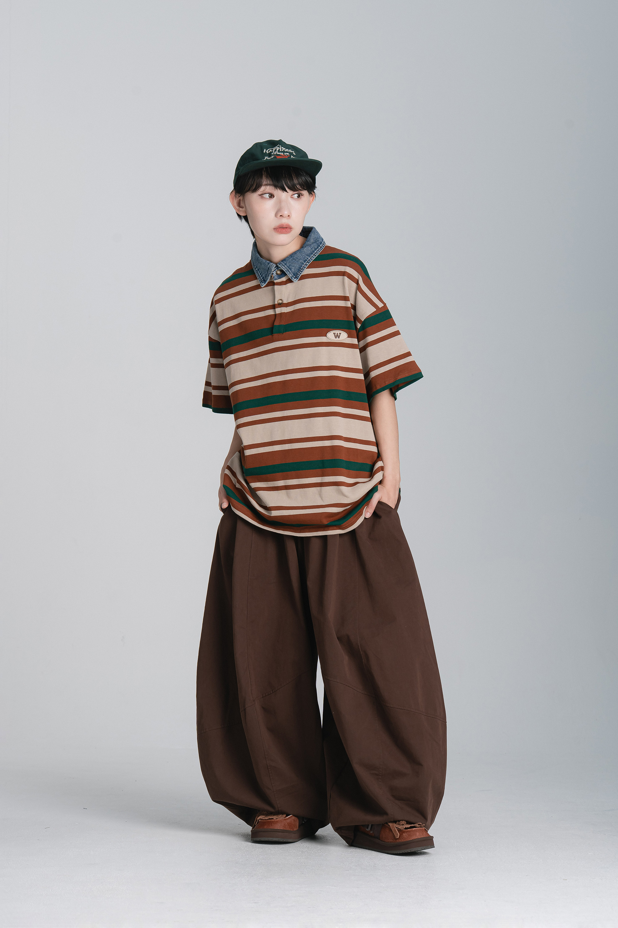 Aug｜牛仔拼領條紋短POLO
