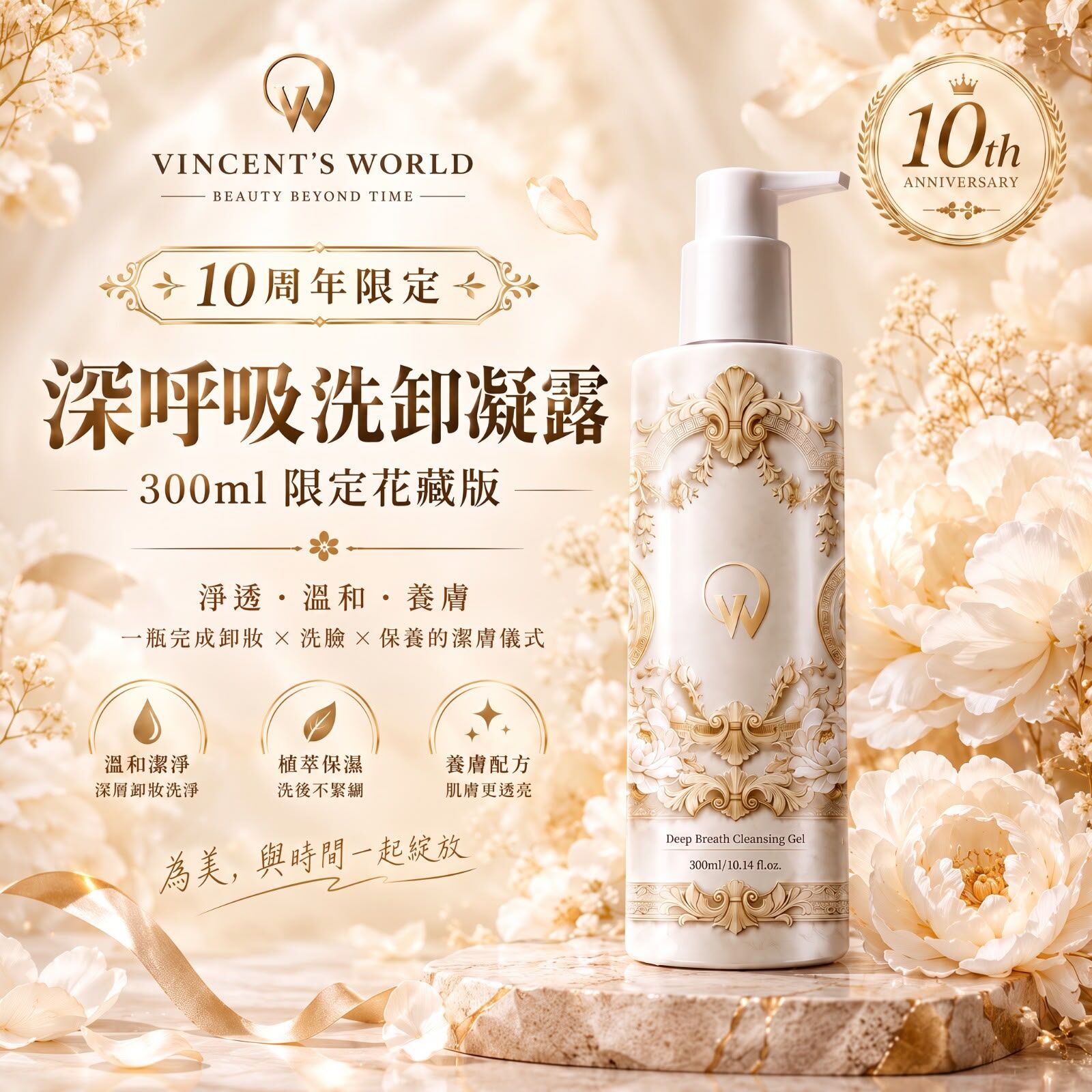 10周年呈獻- 花藏版 深呼吸洗卸凝露 300ml (1套3支，再加送深呼吸洗卸凝露-輕旅瓶100ml*1)*折實滿$399包順豐智能櫃/順豐站*278live