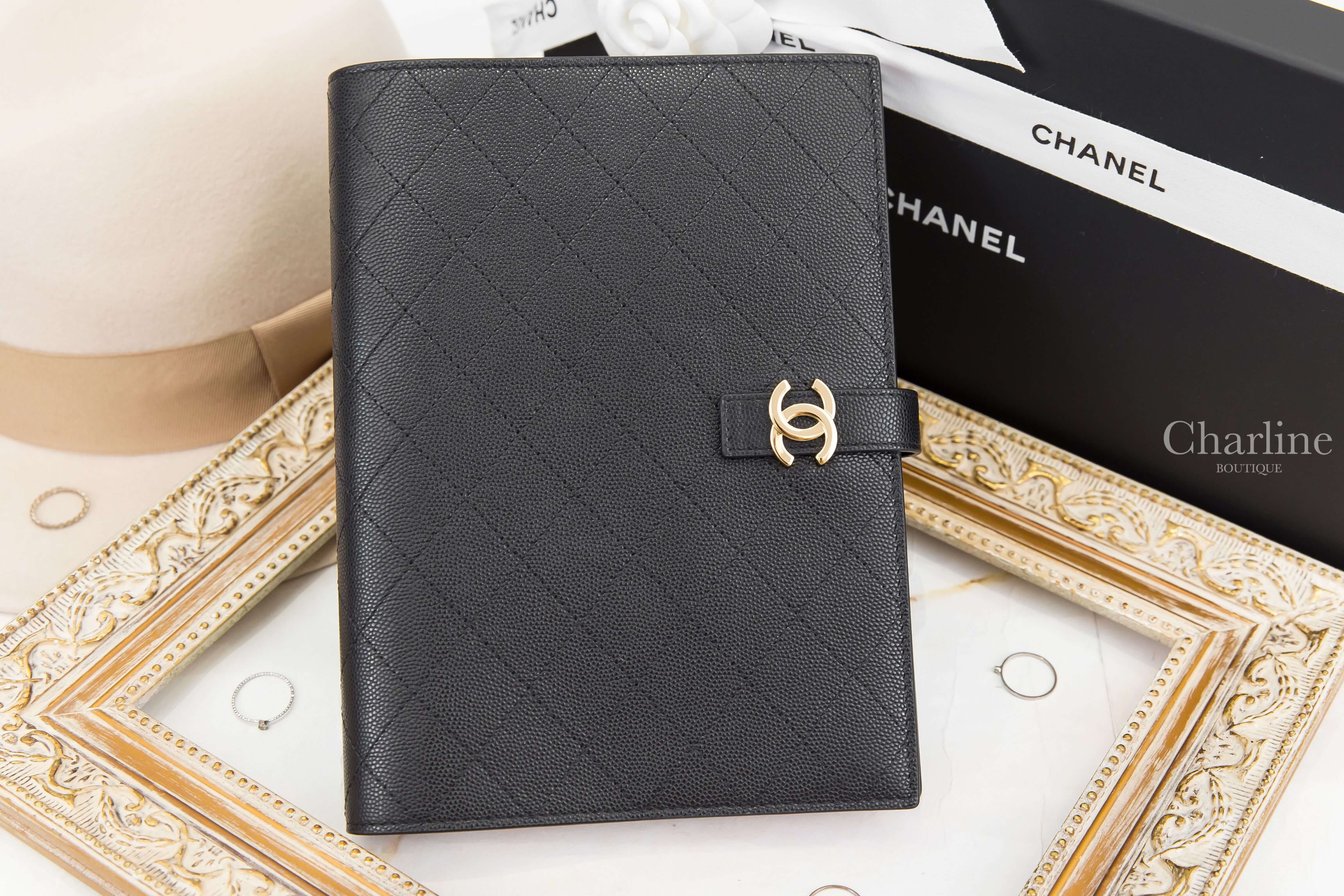 Chanel Notebook 黑色金CC荔枝菱格紋酒紅色內裡含內頁扣式筆記本