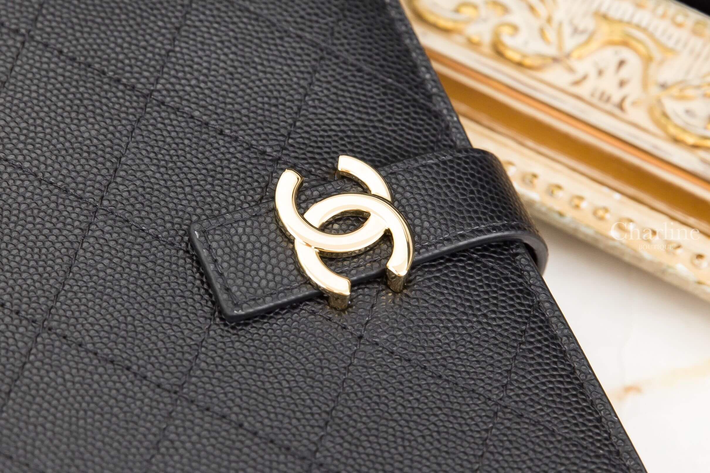 Chanel Notebook 黑色金CC荔枝菱格紋酒紅色內裡含內頁扣式筆記本