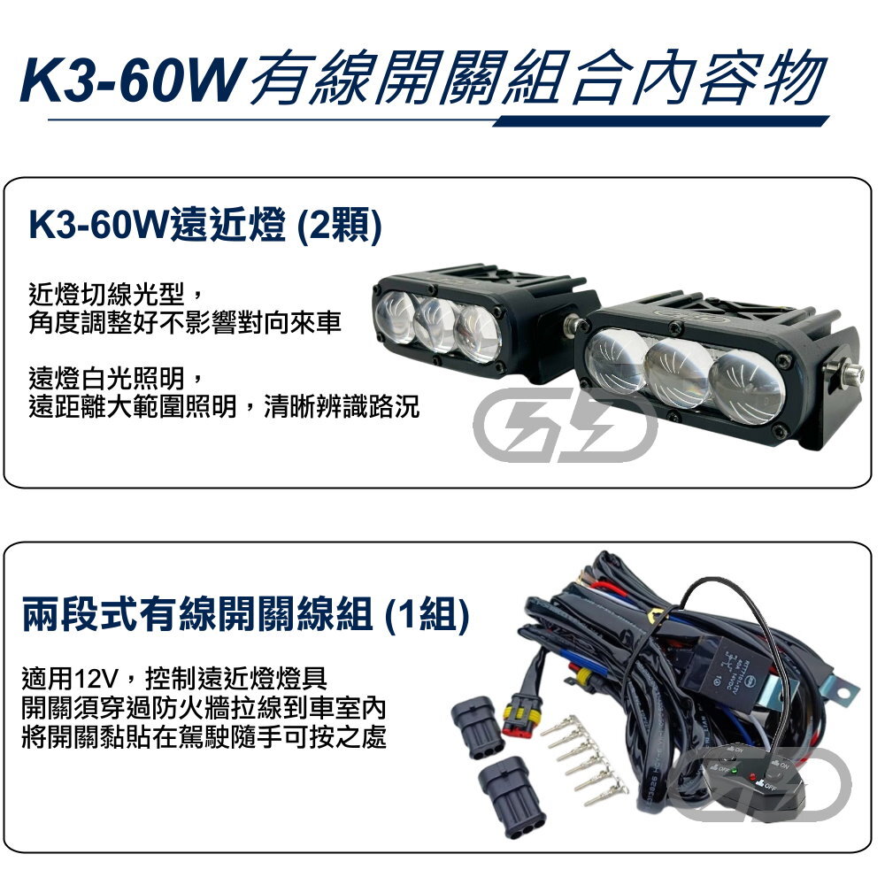12V K-3 60W遠近燈有線開關進氣格柵組合 晶典光電