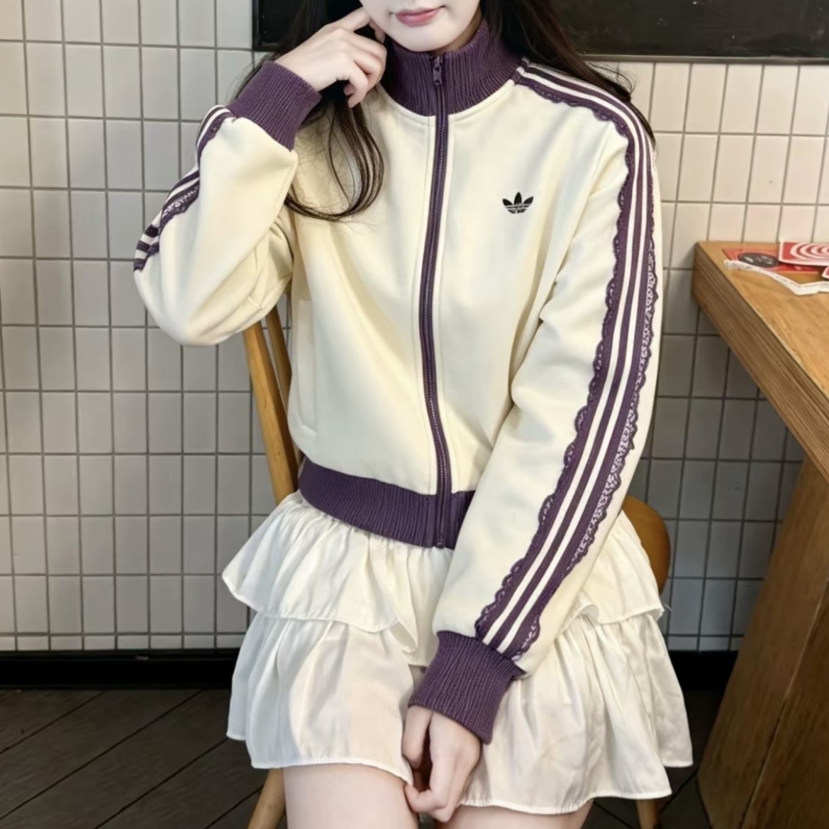 ADIDAS ORIGINALS 白紫 蕾絲線條 短版外套 休閒 LF2334