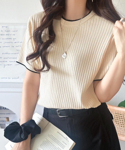 【OWN】classicalelf 短袖 上衣 羅紋 針織 撞色 日本 服飾 女生 米色 黑色 紅色 藍色