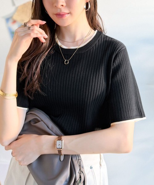 【OWN】classicalelf 短袖 上衣 羅紋 針織 撞色 日本 服飾 女生 米色 黑色 紅色 藍色