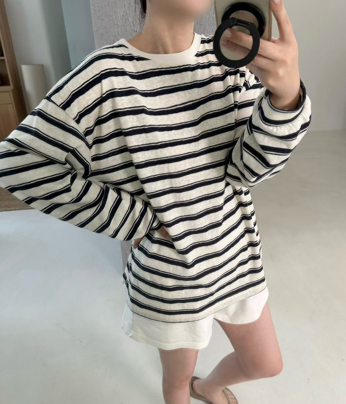 慵懶感配色寬細橫條紋圓領棉TEE / 2色