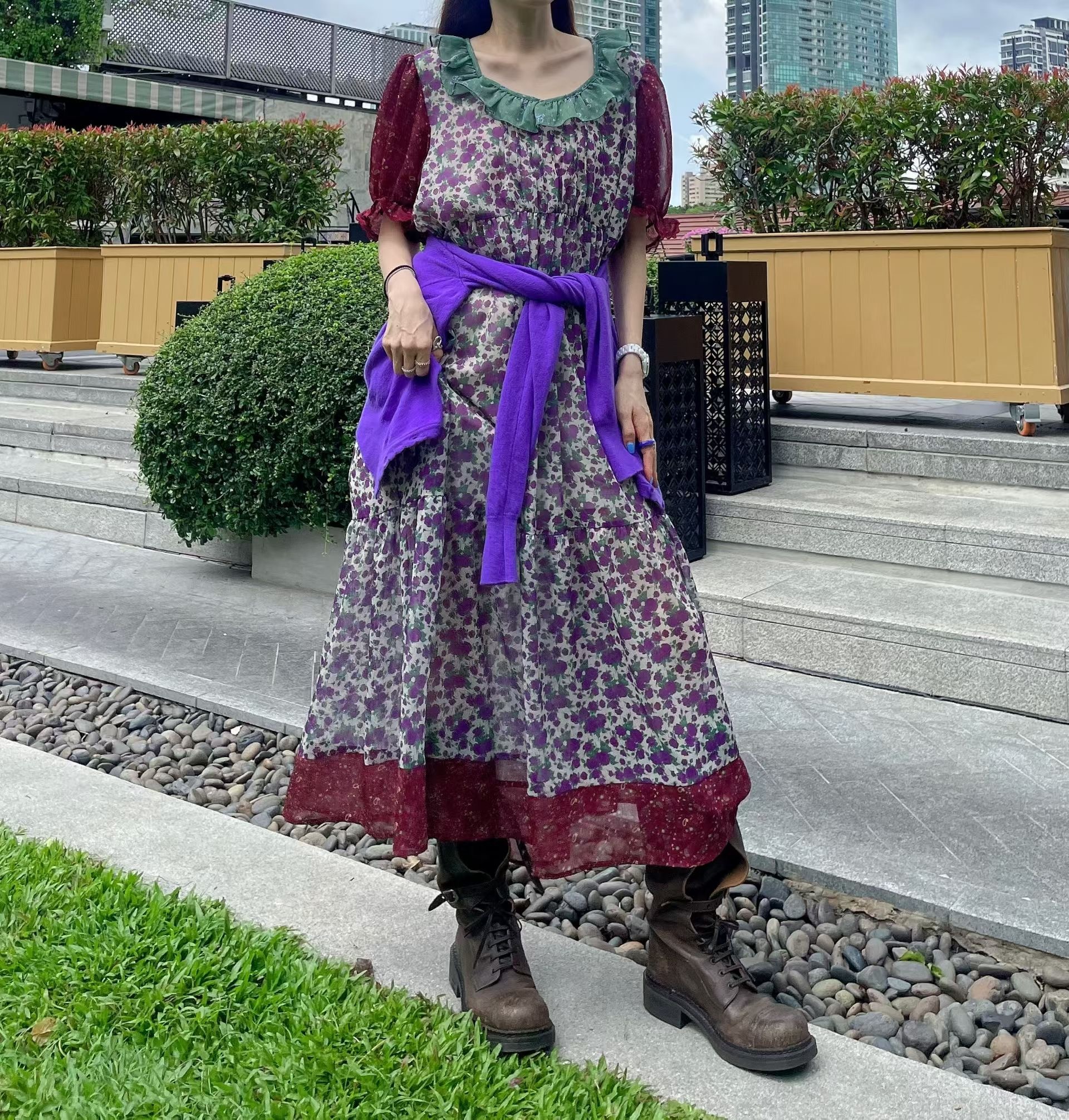 印花拼接古著風長洋裝