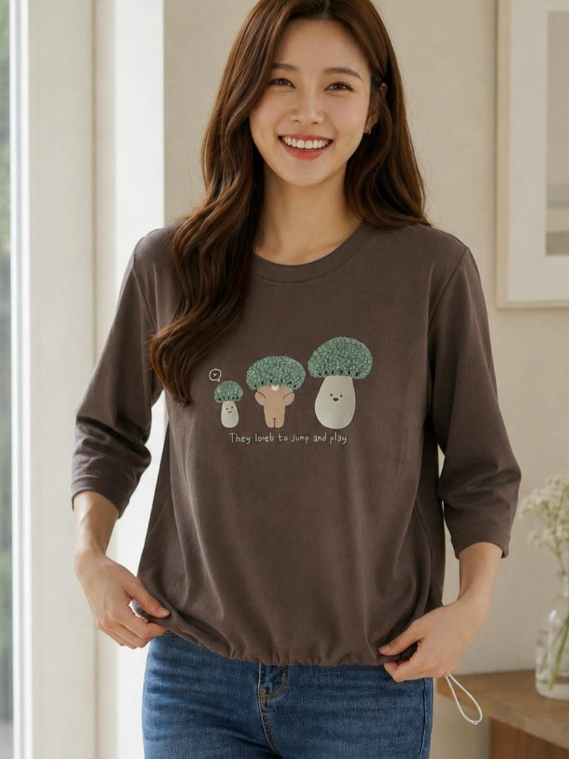舒服感上身★趣味印花下擺抽繩七分袖上衣