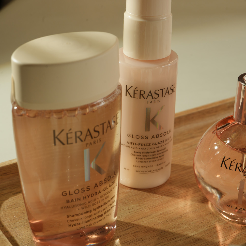 Kérastase Gloss Absolu Trio for Glossy Hair, Glaze Drops Hair Oil & Shampoo & Anti-Frizz Glaze Milk