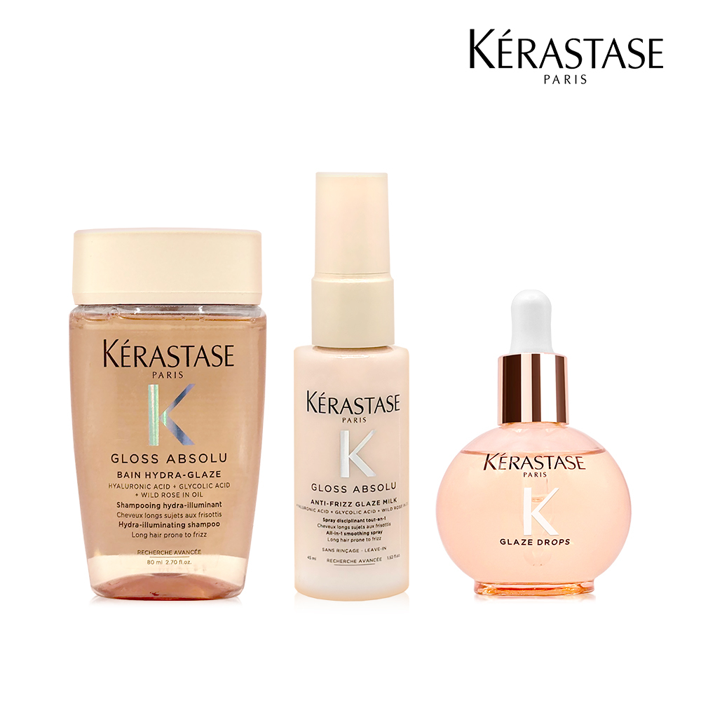 Kérastase Gloss Absolu Trio for Glossy Hair, Glaze Drops Hair Oil & Shampoo & Anti-Frizz Glaze Milk