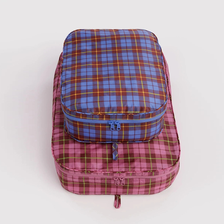美國 BAGGU 3D方方收納包組 格紋 藍粉 (L)