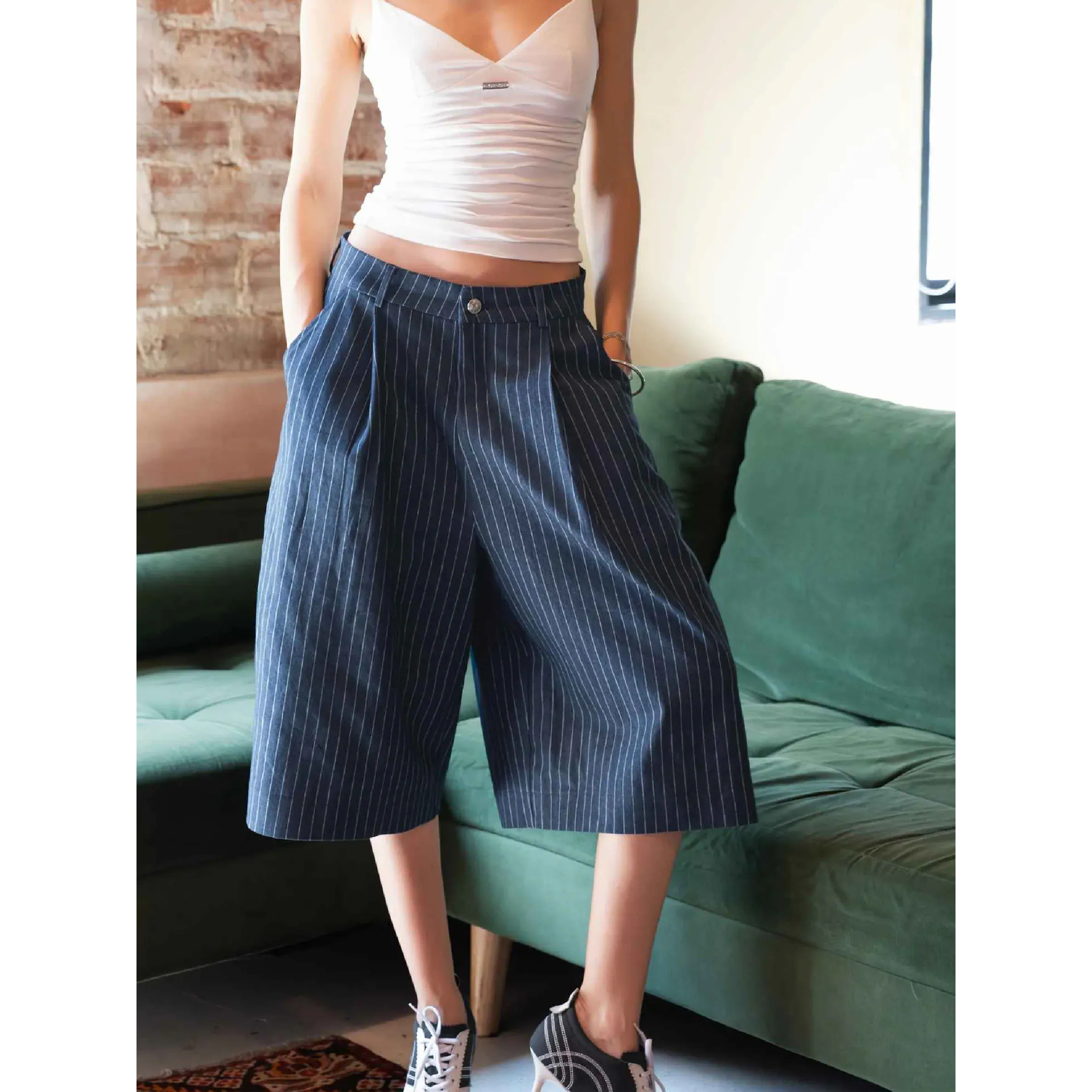 PUSH PUSH Stripes Shorts 水洗牛仔 闊腿 條紋短褲
